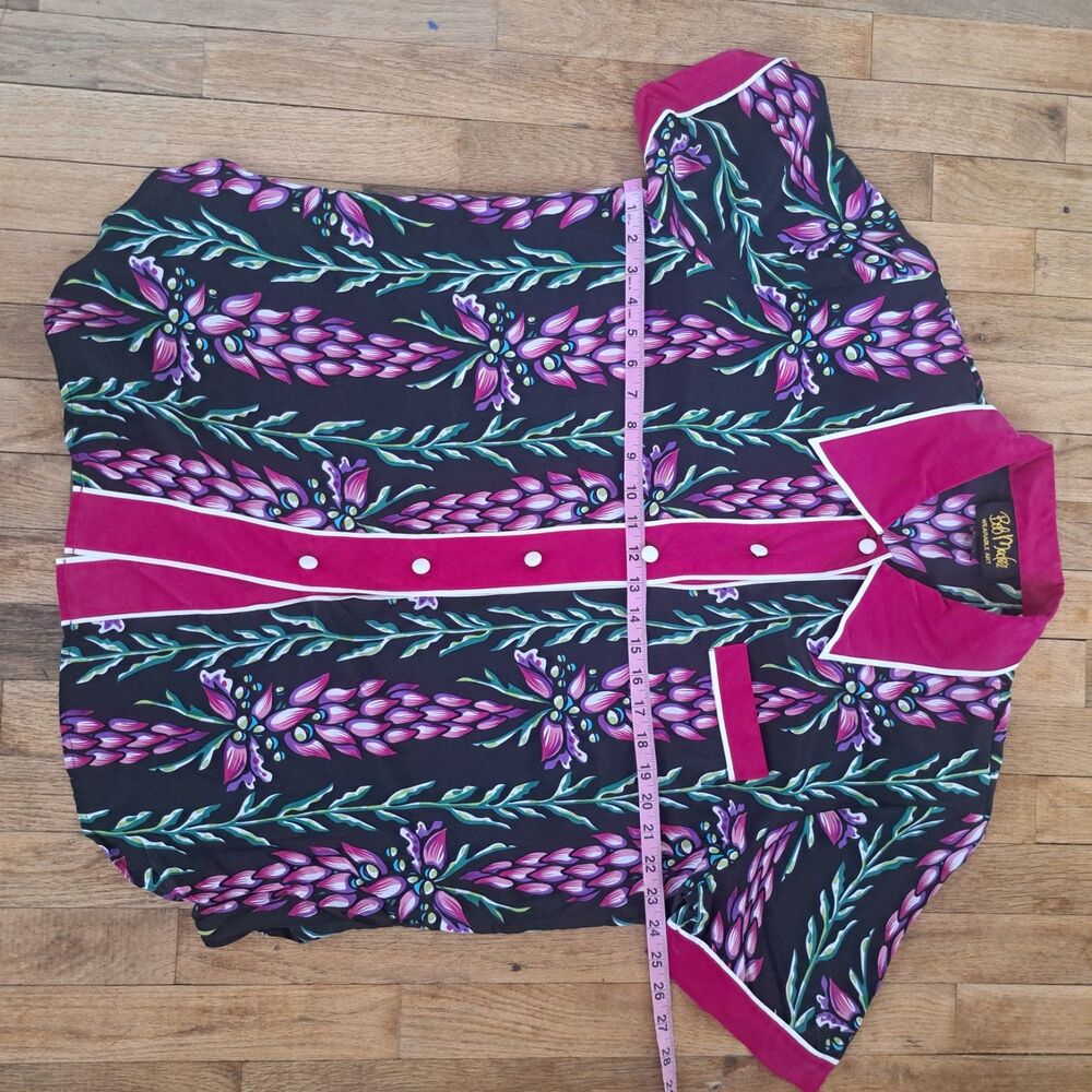 Vintage 100% Silk Womens Bob Mackie XL Pink Black Floral Short Sleeve Blouse Top - Picture 6 of 7